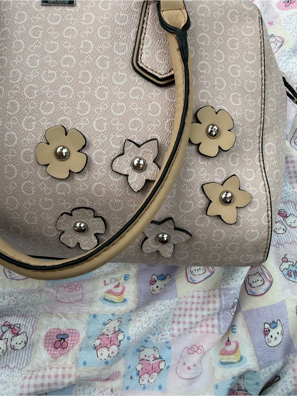 Vintage Guess Floral Accent Satchel Handbag with leopard interior